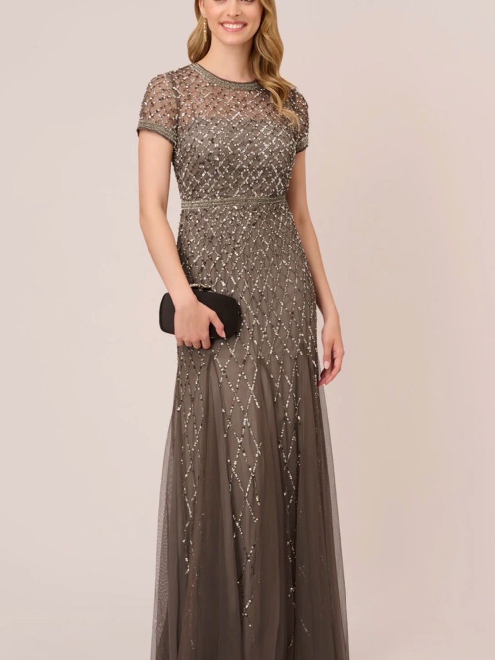 Embellished Taupe Evening Gown with Short Sleeves